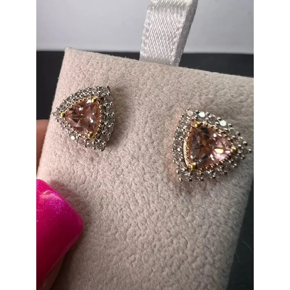 Morganite And Zircon Trillion Halo Rose Gold Over Sterling Stud Earrings